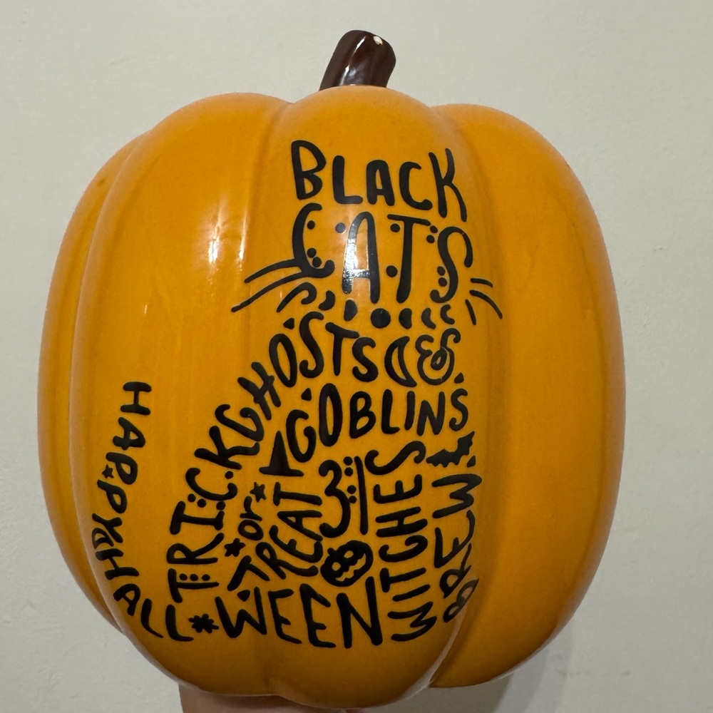 Decorative Orange Pumpkin with Halloween text in the shape of a cat